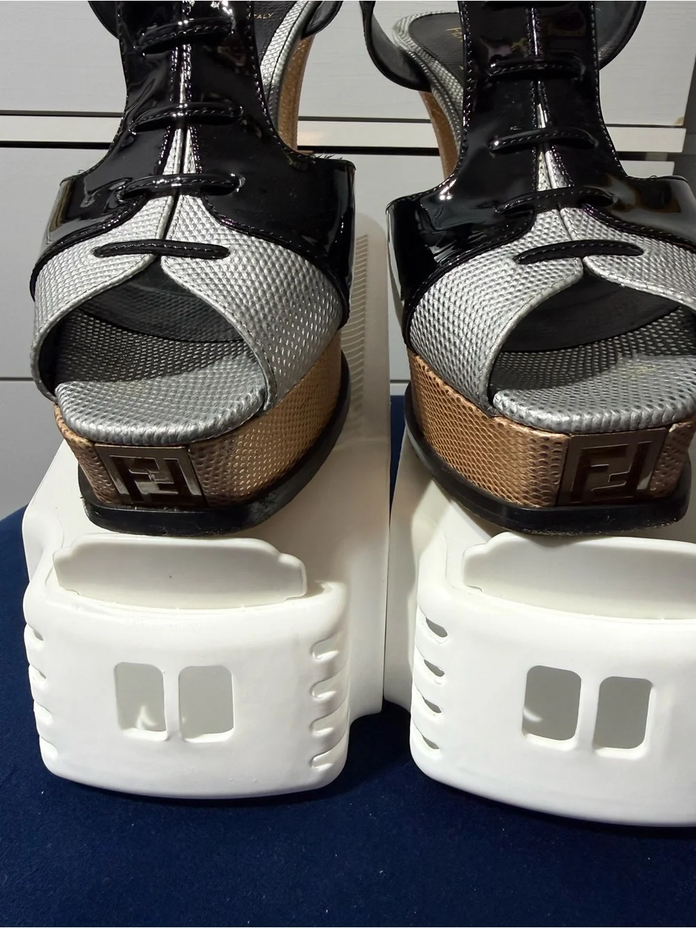 Fendi Black Patent and Silver and Gold  Platform Sandals 7.5